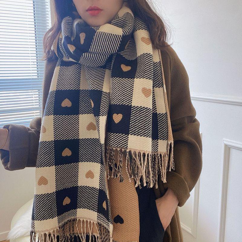 Scarves Women Knitted Heart-pattern Plaid Lovey Girl Winter Scarf College Fashionable Leisure Shawl Wraps
