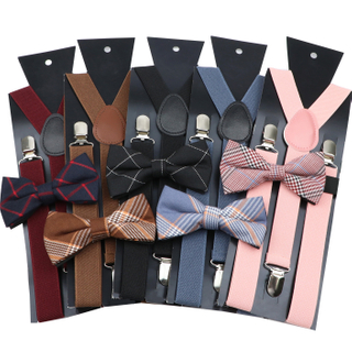 Cotton Plaid Red Blue Bowtie Suspenders Set Men Women Tuxedo Suit Unisex Braces Butterfly Wedding Adjustable Y-Back Brace Belt