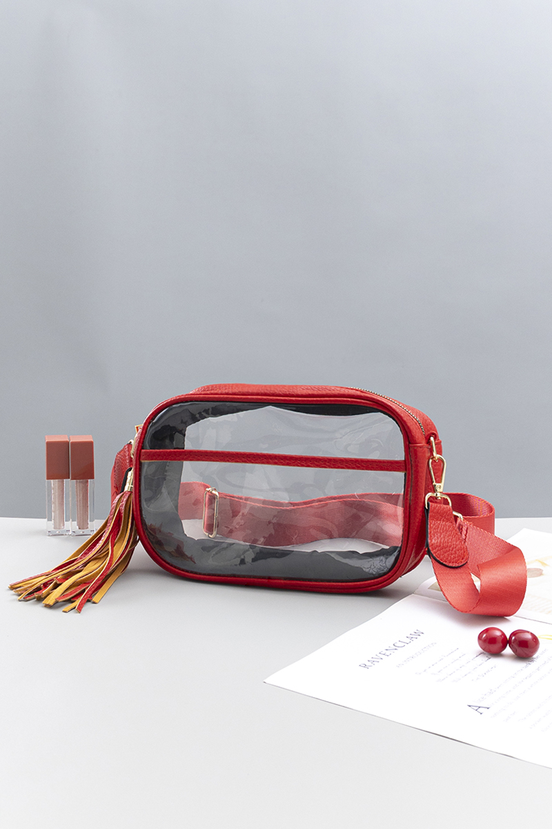 Hot Sell Custom Solid Color Outlined Rectangular Clear Messenger Bag Purse Waterproof PVC Stadium Crossbody Bag with Tassel