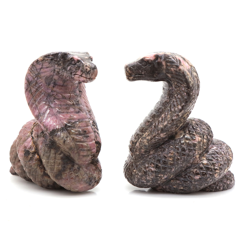Cobra Snake Statue Natural Pink Black Rhodonite Reiki Crystal Stone Craft Animal Desk Decorations Tea Pets Ornaments, Gift, 2.9"