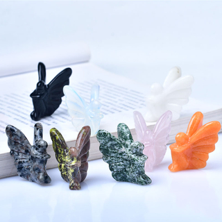 Natural Gemstone Pink Stone Rose Quartz Crystal Carving Butterfly Elf Statu Fairy Sculpture Healing For Reiki Stones Home Decor