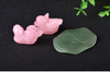 1 Set Rose Quartz Mandarin Duck Natural Stone Carved Lover Symbolize Figurine Green Stand