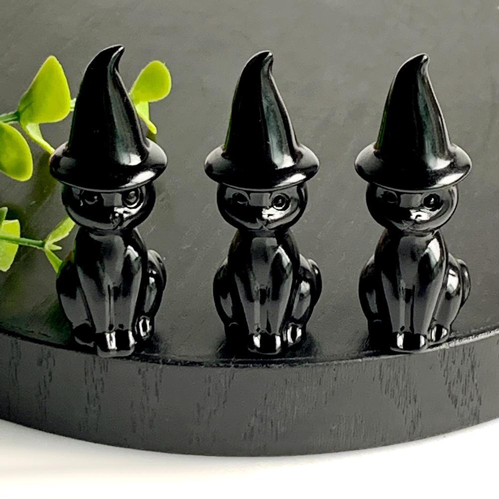1PC Black Obsidian Crystal Carved Cat Figurine with Witch Hat, Natural Rock Crystal Handcrafted Cat Statue, Decorative Gemstone