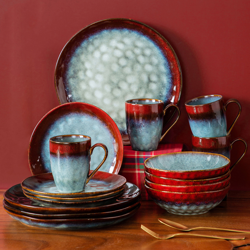 16/32/48-Piece Starry Vintage Porcelain Dinner Set Kiln-Changed Glaze Tableware Red Ceramic Dinner Plate