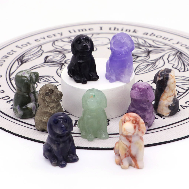 1.2Inch Mini Gemstones Dog Statue Natural Healing Crystal Mineral Animal Figurine Stone Carving Ornament Energy Carft Home Deco