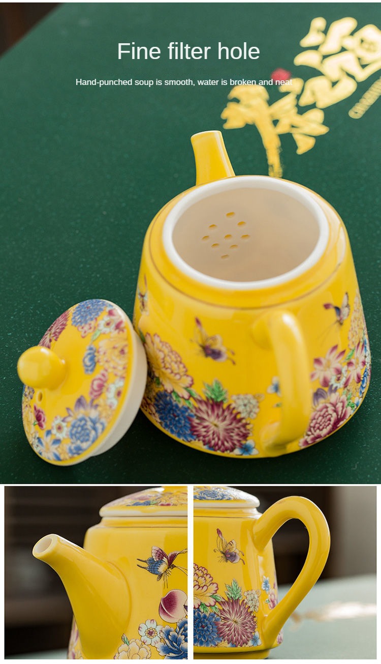 Ceramic Enamel Colored Tea Pot Kung Fu Tea Set Colored Painted Water Pot Tea Cup Cover Bowl Heated Kettle Infuser Teapot Clay