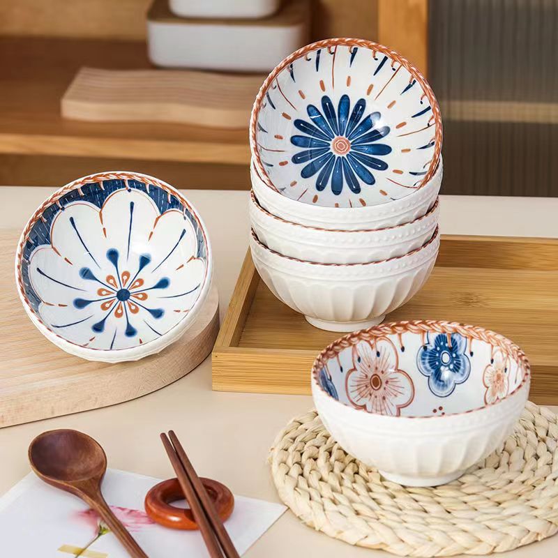 Japanese Retro Household Noodle Bowl Ceramic Bowl Print Embossed Anti-scalding Bowl Pasta Bowl Kitchen Tableware Microwave Oven