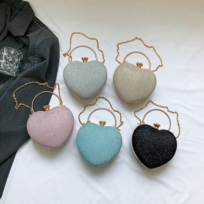 Evening Clutch Bag Women Bag Shiny Handbag Heart Shape Metal Clutches Bag Fashion Chain Shoulder Crossbody Bag Luxury Lady Purse
