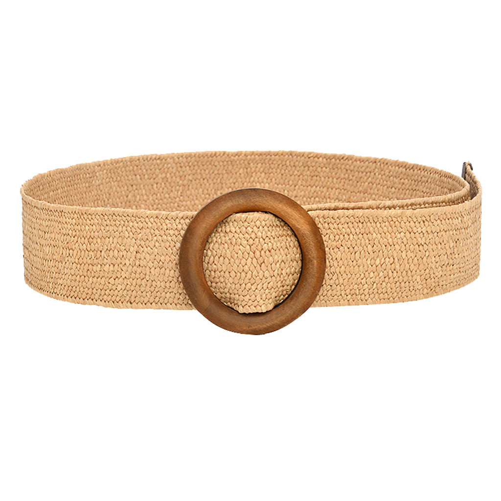 Vintage Waist Belt Round Wooden Smooth Buckle Fake Straw Wide Belt
