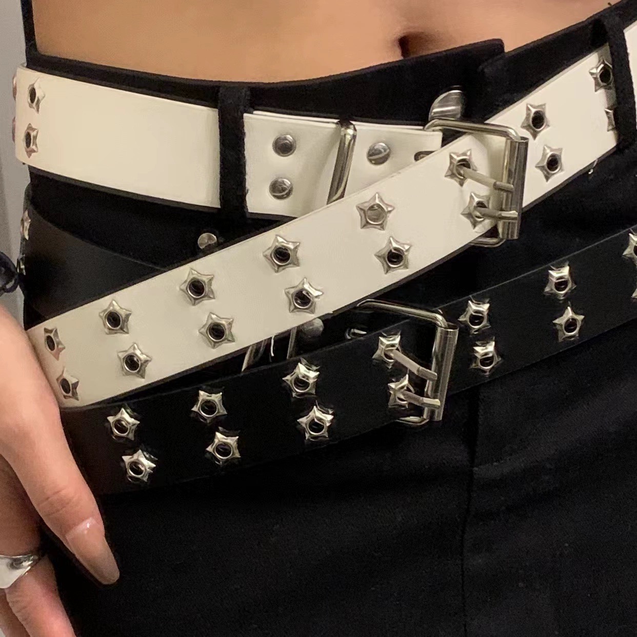 Star Rivet PU Leather Belts Women Men Punk Black White Double Row Hollow Waist Strap Trendy Waistband Jeans Skirt Decoration