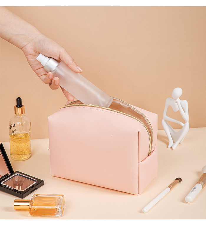 Women Cosmetic Bag Waterproof PU Leather Solid Color Makeup Pouch Travel Portable Wash Toiletry Storage Bag Organizer Purse 