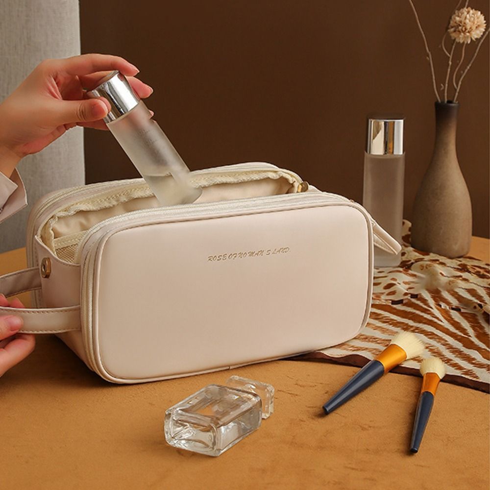 New PU Leather Cosmetic Bag Waterproof Multi-function Storage Bags Double Zipper Large Capacity Storage Tool with Handle Travel
