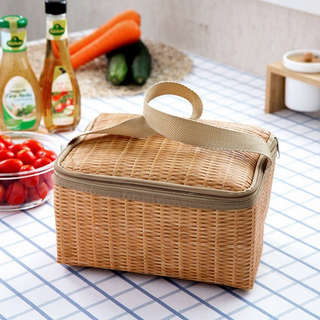 PortableI Imitation Rattan Outdoor Picnic Bag Waterproof Tableware Insulated Thermal Cooler Food Bag for Camping Picnic