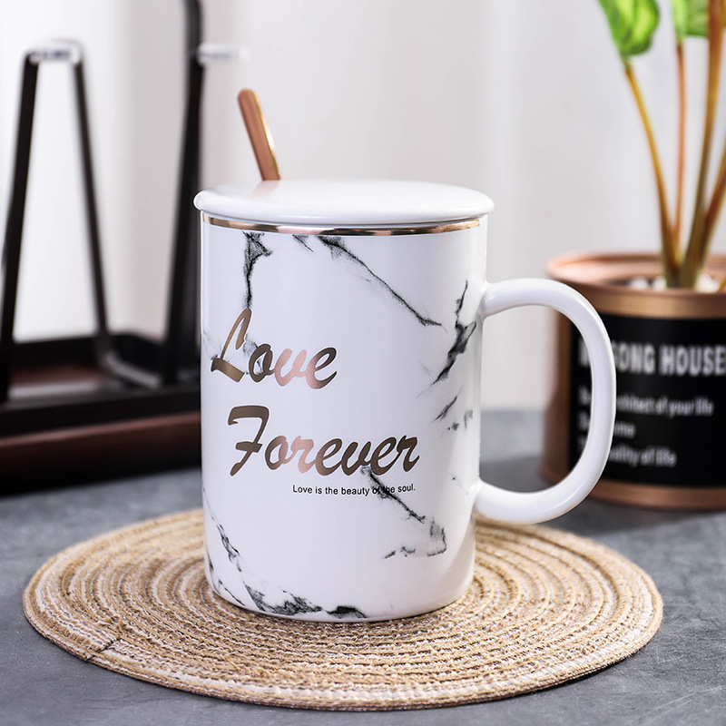 Custom Personalized Classic Black White Ceramic Mug Gold-plated Cup Reusable Coffee Mug with Lid Spoon