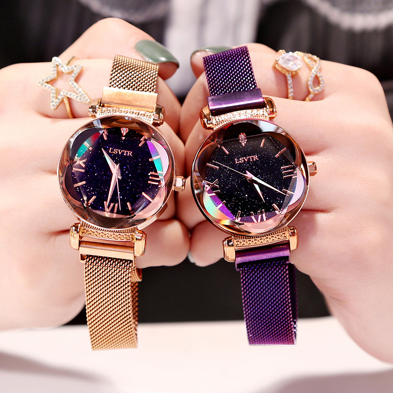Luxury Rose Gold Women Watch Magnet Starry Sky Wrist Watch