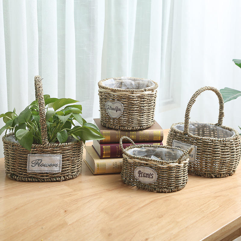High Quality Best Selling Eco-friendly Set of 3 Handwoven Seagrass Basket with Handles-yellow 