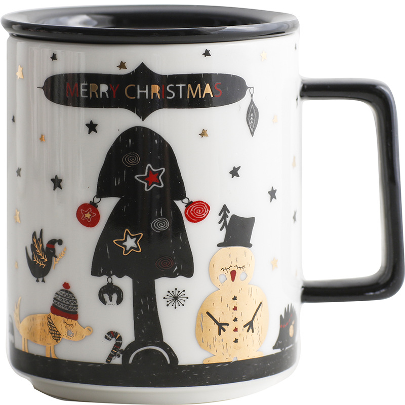 Creative Ceramic Mug with Lid Milk Mug Coffee Mug Breakfast Mug with Black Lid Christmas Mug