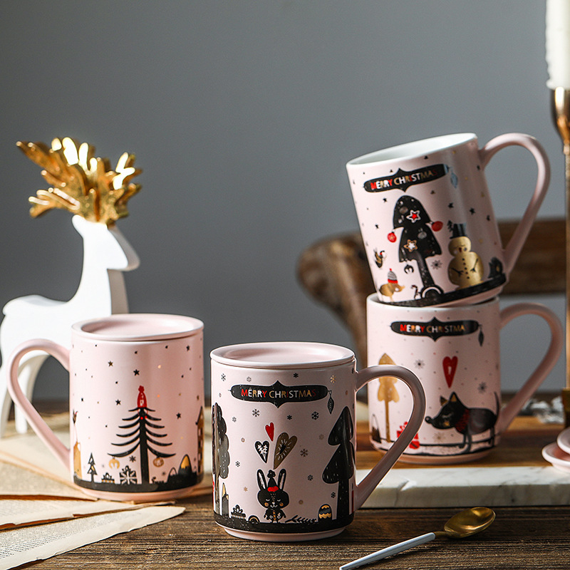 Ceramic Cover Christmas Milk Mug Mug Coffee Mug Fun Water Mug Pink Christmas Mug