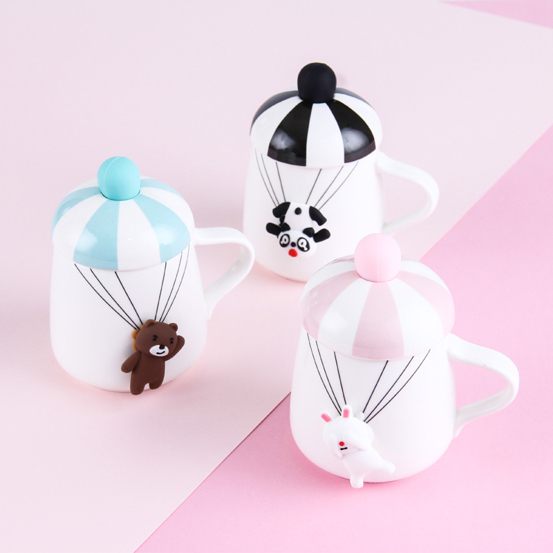 Creative Ceramic Coffee Milk Beer Mug 3d Ceramic with Cartoon Fox Rabbit Deer Plastic Lid 