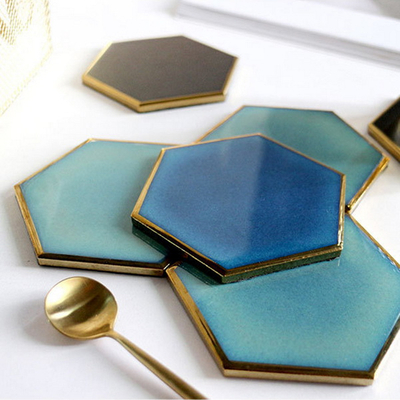 Gold Plated Edge Hexagon Milk Coffee Cup Mats Pad Heat-insulated Non Slip Bowl Placemats 